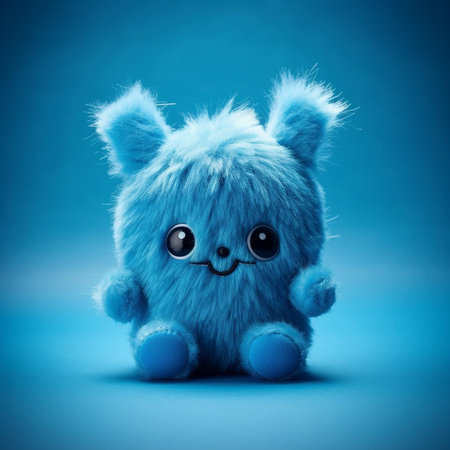 Cute blue fluffy toy on blue background with space for your text. Blue plush toy on blue background, 3d render. Children's toys concept.  Children's funny blue toy , 3d illustration. AI generatedの素材