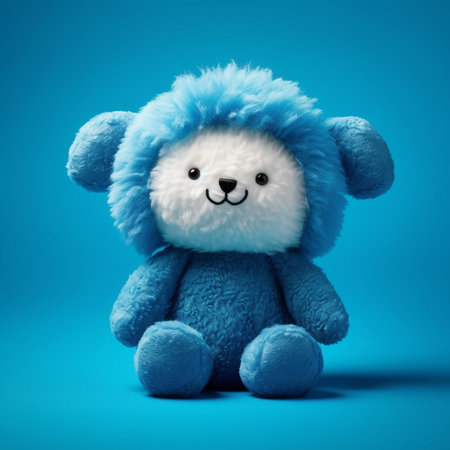 Cute blue teddy bear toy on blue background with space for your text. Blue plush toy on blue background, 3d render. Children's toys concept.  Children's cute blue toy , 3d illustration. AI generatedの素材