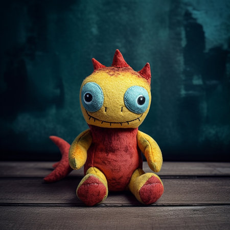 Funny monster on wooden background. Vintage cute  toy monster on wooden background, halloween concept. 3D Rendering. AI generated.の素材