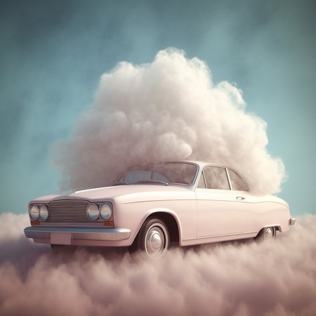 Vintage car in the clouds - 3d render. Beige Vintage car in the clouds. 3D illustration. Vintage car. AI generatedの素材