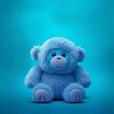 Cute blue fluffy monkey toy on blue background with space for your text. Blue plush toy on blue background, 3d render. Children's toys concept.  Children's cute blue toy , 3d illustration. AI generatedの素材