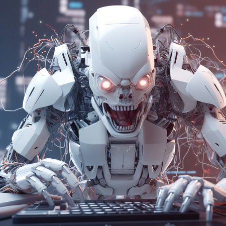 Angry Monster Robot working on a laptop in an apartment. Scary Cyborg sitting in front of a monitor. Made Humanoid working with a computer. Technology and AI concept. AI Generatedの素材