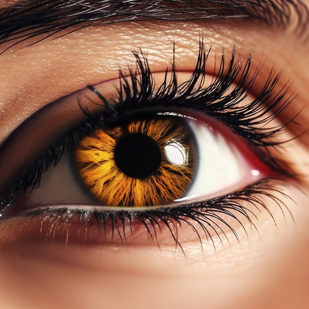 Close-up of woman's brown eye with black  long eyelashes. Black mascara cosmetic concept. A close-up of a woman's brown eye with lengthy lashes. Macro shot of female eyeの素材