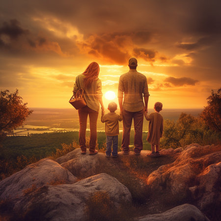 Happy family standing on the top of the mountain and watching the sunset. Happy family viewing sunset from mountaintop.  On top of the mountain, a happy family stands together to watch the sun go downの素材