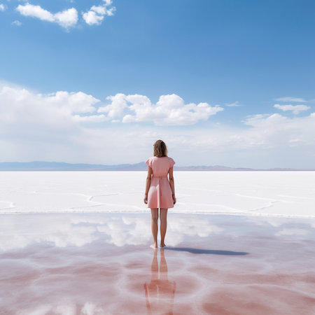 Woman in pink dress standing on the salar de Uyuni, Bolivia. Woman in red dress standing on the salt lake. Woman in short dress standing on salt lake and looking at blue sky. AI generatedの素材