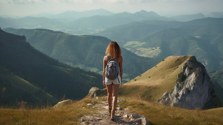 Woman hiker with backpack standing on top of a mountain and enjoying the view. Young woman with backpack standing on the top of mountain and looking at the valley. Freedom and travel.  AI generatedの素材