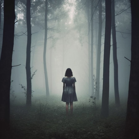 Rear view to the Young woman standing in the dark forest with foggy background, digital painting. Halloween concept. Mysterious dark forest with a young woman in a long dress. AI generatedの素材