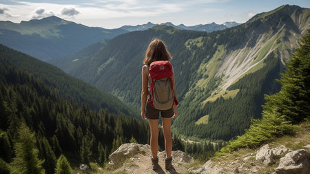 Woman hiker with backpack standing on top of a mountain and enjoying the view. Young woman with backpack standing on the top of mountain and looking at the valley. Freedom and travel.  AI generatedの素材