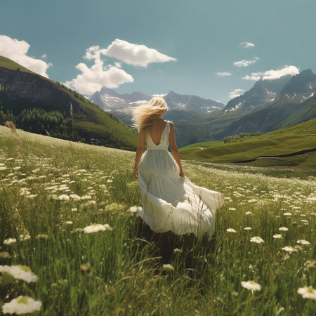 Young beautiful woman in white dress on a meadow on the background of mountains. Fashion outdoor photo of walking  woman with blond hair in elegant white dress  in blooming  meadow.  AI generatedの素材