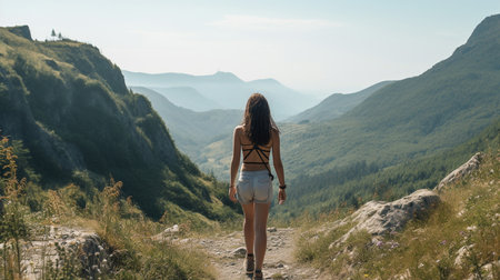 Young woman hiking in mountains. Back view of girl in shorts and top. Young woman hiking in the mountains. Back view. Freedom concept.AI generatedの素材