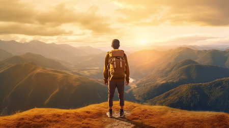 Young woman with backpack standing on the top of mountain and looking at the sunset. Freedom and travel. Human hiker with backpack standing on top of a mountain and enjoying the view. AI generatedの素材