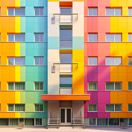 Colorful facade of modern building. 3d render illustration. Square composition. Facade of a multi-storey building with balconies. 3d render of colorful city building with stairs and entrance to houseの素材