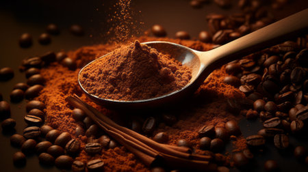 Spoon with ground coffee and coffee beans on a dark background. Macro shot of dry coffee powder in a metallic spoon. Spoon with brown powder surrounded by spilled dry beans.の素材