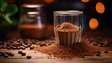 Glass cup overfilled with coffee powder, on a wooden table. Picture of a glass coffee mug with powder in a dark coffee shop. powder dropped and spread on a wooden table. Caffeine concept.の素材