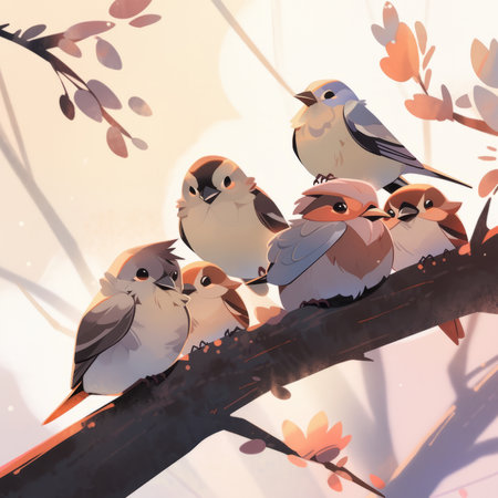Art Spring still life with birds. Little birds on the branch in nature.  Group of beautiful small blue songbird sitting on the branch on brown background.の素材