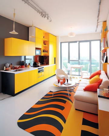 Interior of a modern kitchen with bright colorful decor. Interior of a stylish living room with vibrant multi colored design. 3d render of an apartment living space.の素材