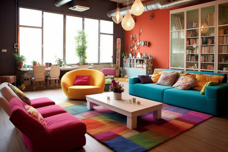 Interior of a modern living room with bright colorful decor. Interior of a stylish living room with vibrant multi colored design. 3d render of an apartment living space.の素材