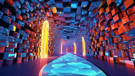 Futuristic corridor with glowing cubes. Concept of an abstract corridor. Design of a weird conceptual futuristic hallway.の素材