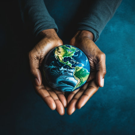 Human hands holding planet earth. Ecology, and environment concept. Closeup shot of hands carrying our bright miniature globe. Person in a studio holding the world in arms. Care for the planet.の素材