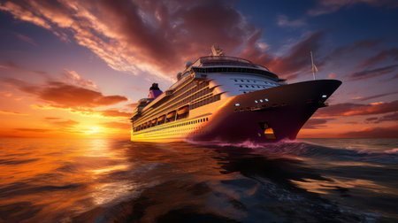 Giant cruise ship at sunset sailing through the sea with a cloudy pink sky on the background. Big cruise liner sailing on a sunny evening with calm water. Large luxury cruise ship in open sea water.の素材