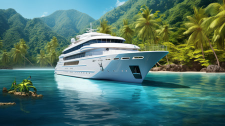 Big luxury yacht sailing through the sea with an island and a blue sky on the background. Large superyacht sailing on a bright sunny day with clear calm water. Giant mega yacht in transparent water.の素材