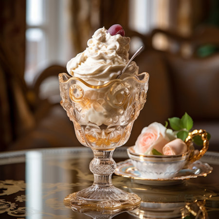 Ice cream in a beautiful desert glass on the background of an luxury interior with a golden decor. Cream ice cream in a crystal bowl with golden elementsの素材