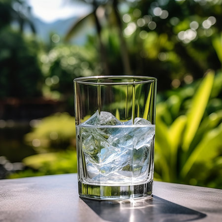 Refreshing drink of water with ice cubes  in a glass on green leaf background. Glass of refreshing cold drink on summer day against palm trees. Travel, resort.の素材