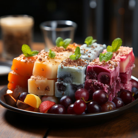 Plate of sweets on a wooden table with candles in the background. Colorful Oriental sweets and fruits in close-up. Delicious delicacies in a dark ceramic plate.の素材