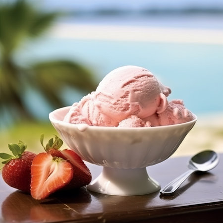 Pink Ice cream with fruits in a dessert plate on background of the blue sea. Beautiful composition of ice cream with strawberries on the background of a beach. Concept of relaxation and delicious foodの素材