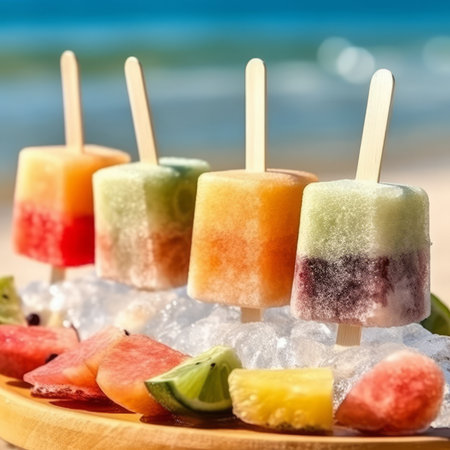 Plate of sweets on table with  on the  background of the sandy beach and sea. Colorful Oriental sweets  in close-up . Colorful fruits ice in a plate.の素材