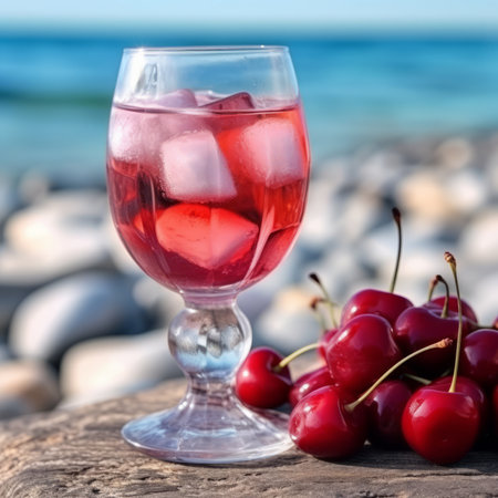 Refreshing sweet drink with ice in a glass on background of the blue sea. Glass of Refreshing cold fruit drink on the background of a beach on summer day. Travel, resort  and cold tasty drinks.の素材