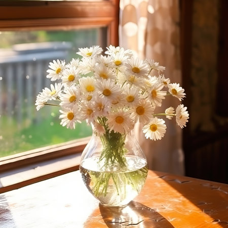 Beautiful still life of flowers in a vintage vase on a wooden table in a rustic interior. Illustration of yellow and white field flowers in vase.. Vase with chamomile wildflowers by the window.の素材