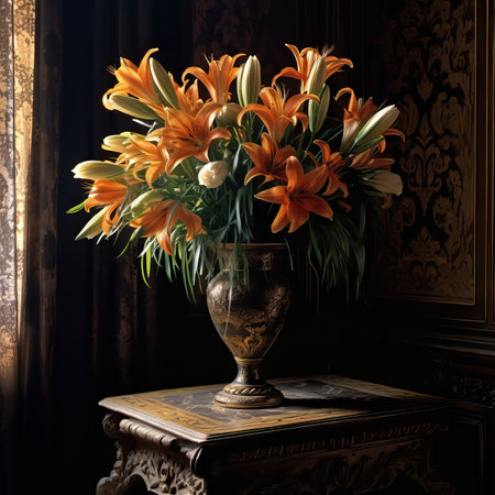 Vintage vase with beautiful orange Lilies flowers by the window. Art Illustration of fresh Lilies in beautiful old vase. Bouquet of fresh Lilies flowers in a porcelain vase on in old luxury interior.の素材