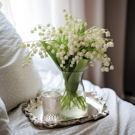 Bouquet of fresh white snowdrops flowers in a vase on by a window. Beautiful snowdrops flowers in a glass vase in the bedroom.  Art composition of fresh snowdrops in beautiful glass vase.の素材