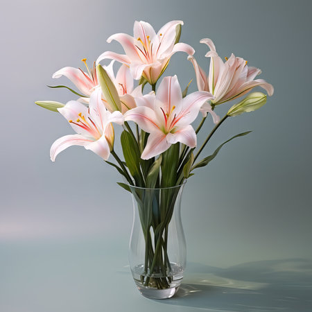 Glass vase with beautiful Lilies flowers against grey wall.  Bouquet of fresh white Lilies flowers in a vase. Art Illustration of fresh white  Lilies in vase.の素材