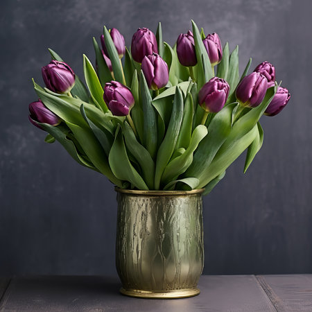Copper vase with beautiful purple Lilies flowers on grey  table on dark background.  Bouquet of fresh Lilies in a vase. Art composition of fresh purple Lilies in vase against grey backgroundの素材