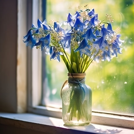 Beautiful Bluebells in a vintage glass jar on windowsill of old flat. Bouquet of fresh Bluebells flowers  by a window.   Art composition of fresh Bluebells in beautiful glass vase.の素材