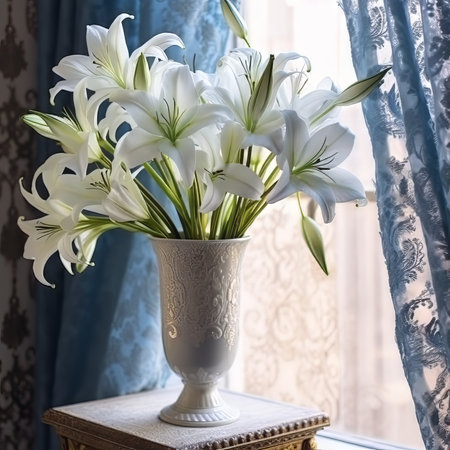 Bouquet of fresh Lilies flowers in a porcelain vase on in modern luxury interior.  Painted vase with beautiful white Lilies flowers by the window. Art Illustration of fresh Lilies in beautiful vase.の素材