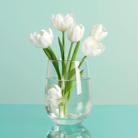 Beautiful bouquet of white tulips  in white ceramic vase  on light green background.  Bouquet of fresh white tulips flowers in a vase. Art Illustration of fresh white  tulips in vase, studio shotの素材