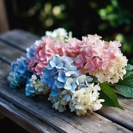 Beautiful  Hydrangea  flowers lying  on a wooden surface with blurred  green background. Still life of pink, blue and  white Hydrangea flowers, closeup.の素材
