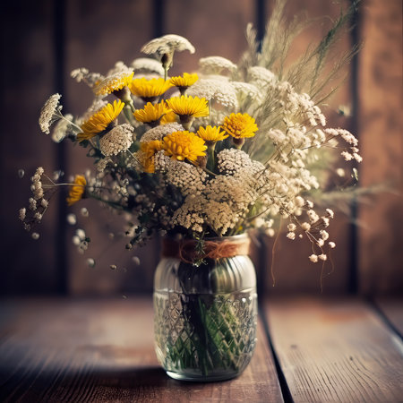 Beautiful still life of field flowers in a vintage glass jar on a wooden table in a rustic wooden interior. Illustration of colorful spring wildflowers bunch in jar with water against wooden wall.の素材