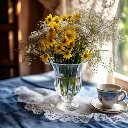 Vase with chamomile wildflowers by the window. Beautiful still life of flowers in a vintage vase on a wooden table in a rustic interior. Illustration of yellow and white field flowers in vase.の素材