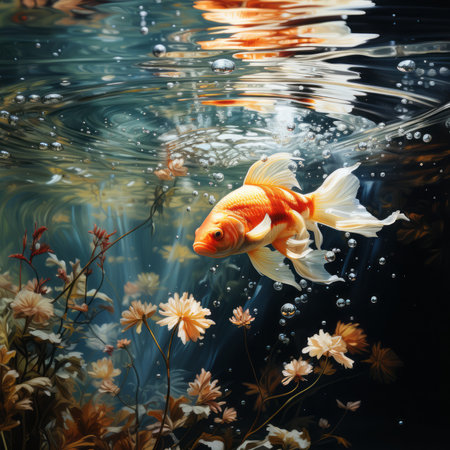 Goldfish in aquarium. Beautiful big goldfish in the auqarium with creative design.の素材