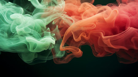 Bright red and light green heavy smoke clouds mix together, ona. black background, effects. Abstract colorful smoke background concept. Illustration beautiful multicolored cloud.の素材