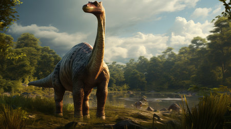 Big prehistoric Dinosaur standing in the jungle, 3D render. Concept art of a Brontosaurus dinosaurwalking in a forest, on a bright day. Tall ancient monster in the woods. Diplodocus realistic render.の素材