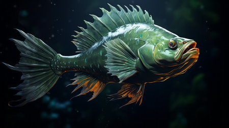 Prehistoric Dinosaur fish swimming in the ocean. Concept art of an ancient underwater animal swimming in the sea. Creepy ancient sea monster in the water. Scary fish realistic illustration.の素材