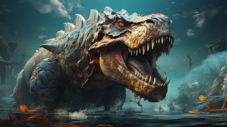 Tyrannosaurus rex roaring in the water. Hunting angry T-Rex with a growl. Concept art of a mad ancient scary reptile in the sea. T-Rex causes chaos in the ocean. 3D render of an angry dinosaur.の素材