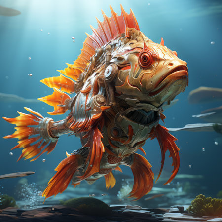 Prehistoric Dinosaur fish swimming in the ocean. Concept art of an ancient underwater animal swimming in the sea. Creepy ancient sea monster in the water. Scary fish realistic illustration.の素材
