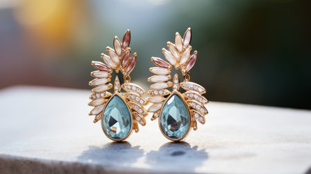 Luxury earrings with precious stones outdoor shot with bokeh effect. Luxury  Beautiful exclusive earrings with diamonds with evening soft light , macro shot. 3D illustration of gold earrings.の素材
