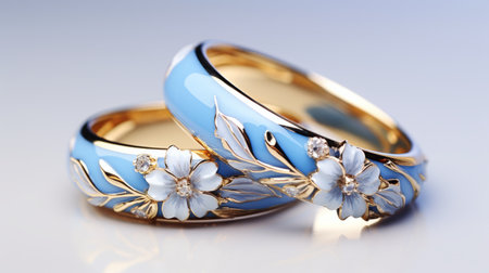 Wedding rings with precious stones on a blue background with bokeh effect. Luxury  Wedding rings with diamonds on a table in the evening light, macro shot. 3D illustration of gold wedding rings.の素材